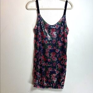 (T6) AQUA Sheer sequin and black floral bodycon party dress. Size L